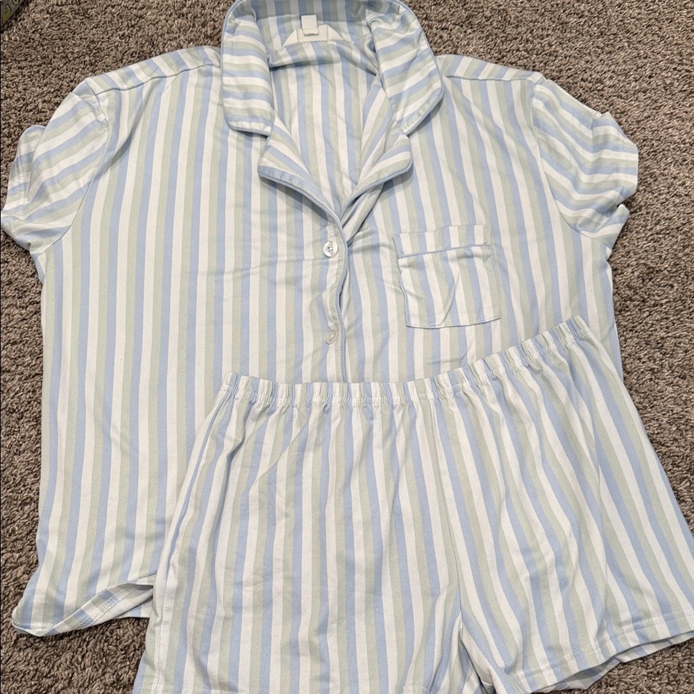 Laura Ashley Light Blue, White and green Striped Pajama Set